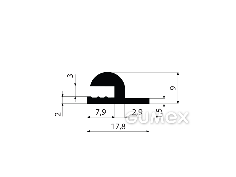 Silikonový profil tvarový, 9x17,8/2,9mm, 60°ShA, -60°C/+180°C, černý